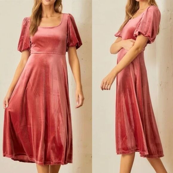 NWT Polagram Pink Velvet Midi Dress Small - Picture 1 of 6
